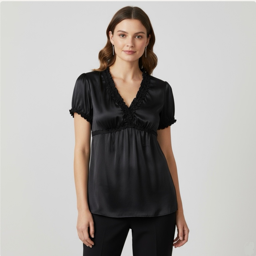 BCBGMaxAzria Black Silk Ruffle V-Neck, Cap Sleeve Babydoll Blouse. Size XS/S